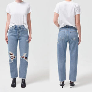 Agolde 90's Mid Rise Loose Fit Jeans Distressed Rigid Denim Button Fly Size 27